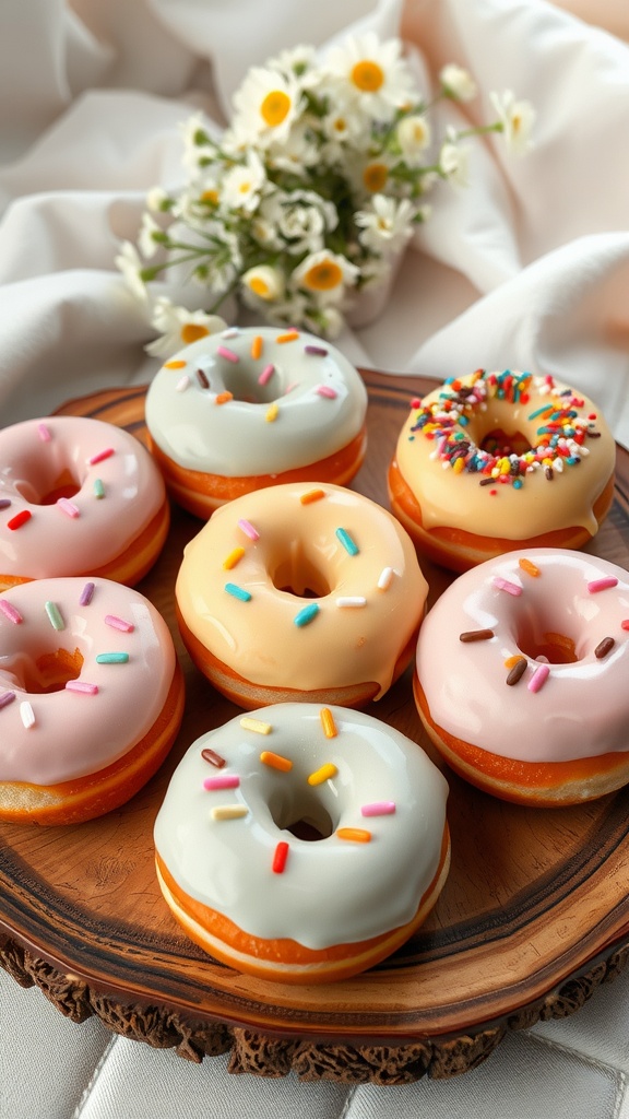 Aesthetic doughnuts with colorful glaze and sprinkles on a wooden platter, surrounded by flowers.